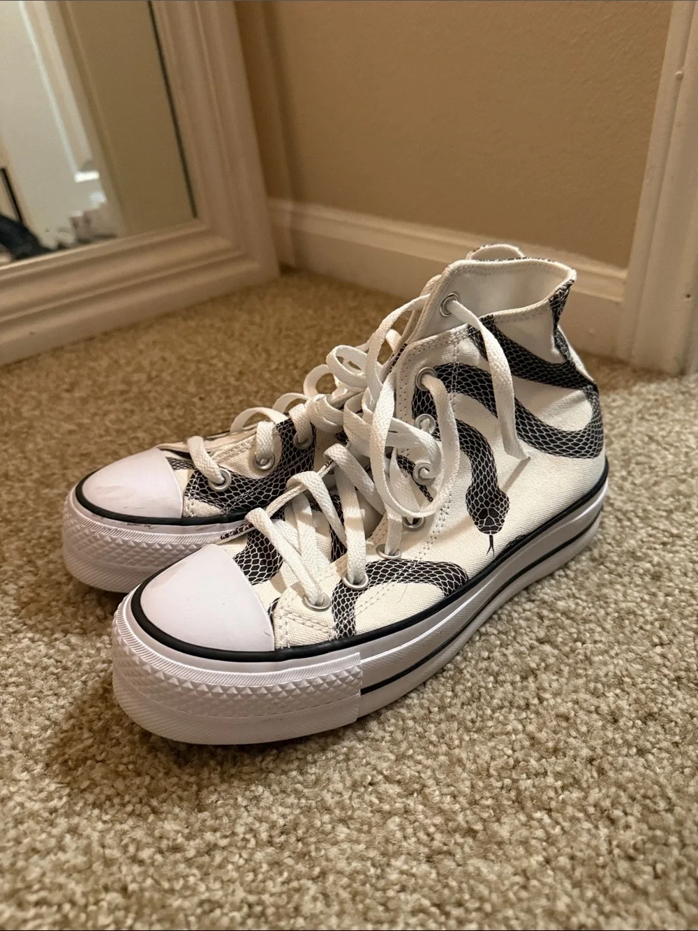 Converse White High-Top Sneakers with Black Snake Print